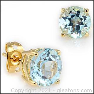 Radiant Womens 18K Yellow Gold Over Sterling Silver 3.0 CTW Swiss Blue Topaz Designer Earrings